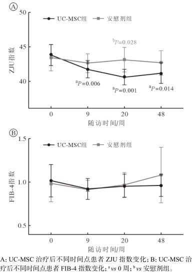 兩組治療前后 ZJU 指數(shù)和 FIB-4指數(shù)變化