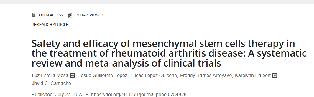 2023年7月27日，哥倫比亞BioXcellerator / BioXscience 先進療法和轉化醫(yī)學中心在國際期刊《PLOS ONE》上發(fā)布了一篇《間充質干細胞治療類風濕關節(jié)炎疾病的安全性和有效性：臨床試驗的系統(tǒng)評價和薈萃分析》的研究結果。