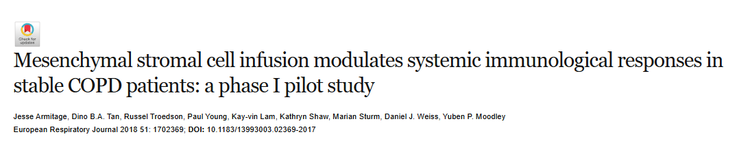 2018年，西澳大利亞大學(xué)在國際期刊《European Respiratory Journal》上發(fā)布了一篇《間充質(zhì)基質(zhì)細胞輸注調(diào)節(jié)穩(wěn)定期 COPD 患者的全身免疫反應(yīng)：一項 I 期試點研究》的研究結(jié)果。