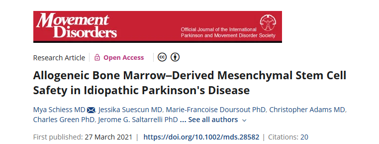 2021年3月27日，休斯頓德克薩斯大學在國際期刊《Movement Disorders》上發(fā)布了一篇《同種異體骨髓間充質干細胞在特發(fā)性帕金森病中的安全性》的研究結果。