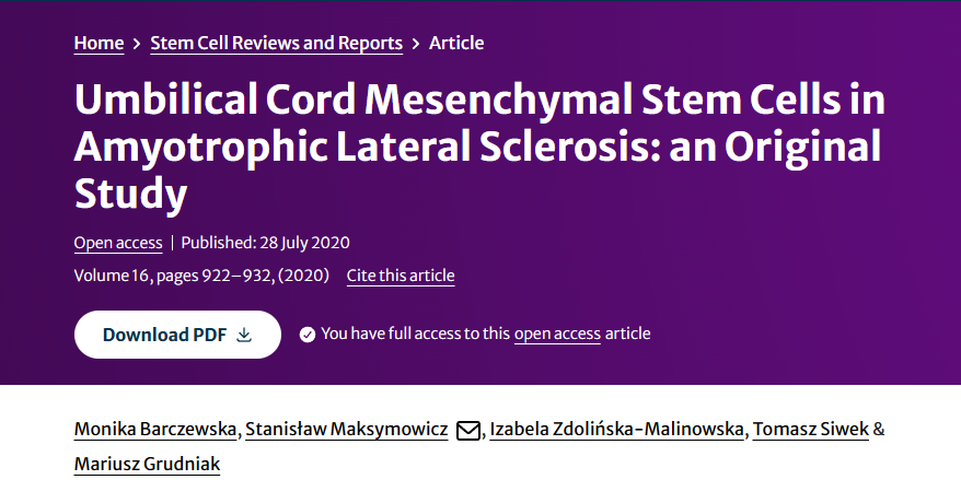 2020年7月28日，波蘭奧爾什丁大學臨床醫(yī)院在國際期刊《Stem Cell Reviews and Reports》上發(fā)布了一篇《臍帶間充質干細胞在肌萎縮側索硬化癥中的應用：一項原創(chuàng)研究》的研究結果。