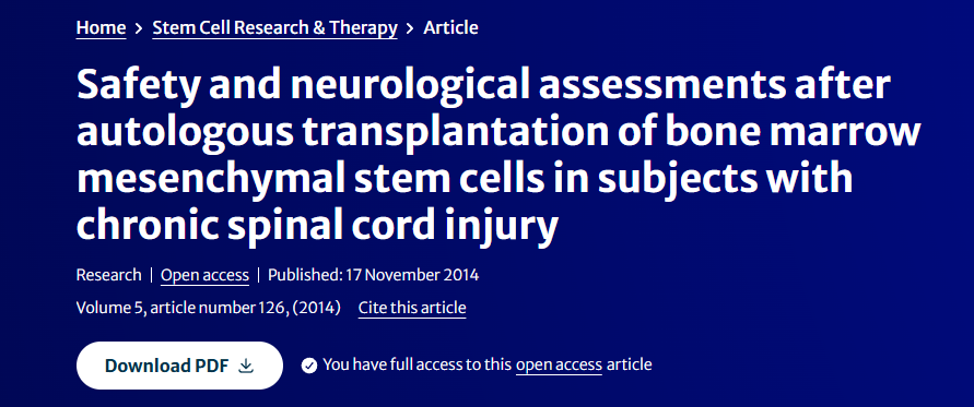 2014年11月17日，貢薩洛·莫尼茲研究中心在國際期刊《Stem Cell Therapy and Research》上發(fā)布了一篇《慢性脊髓損傷患者骨髓間充質干細胞自體移植后的安全性和神經系統(tǒng)評估》的研究結果。