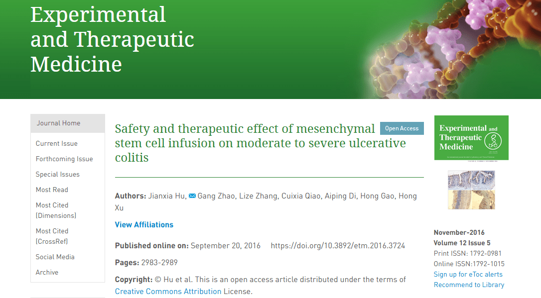 2016年9月20日，青島大學(xué)附屬醫(yī)院在國際期刊《Experimental andTherapeutic Medicine》上發(fā)布了一篇《間充質(zhì)干細(xì)胞輸注治療中重度潰瘍性結(jié)腸炎的安全性及治療效果》的研究結(jié)果。