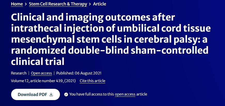 ‘臍帶組織間充質(zhì)干細(xì)胞鞘內(nèi)注射治療腦癱患者后的臨床和影像學(xué)結(jié)果：一項(xiàng)隨機(jī)雙盲假對照臨床試驗(yàn)