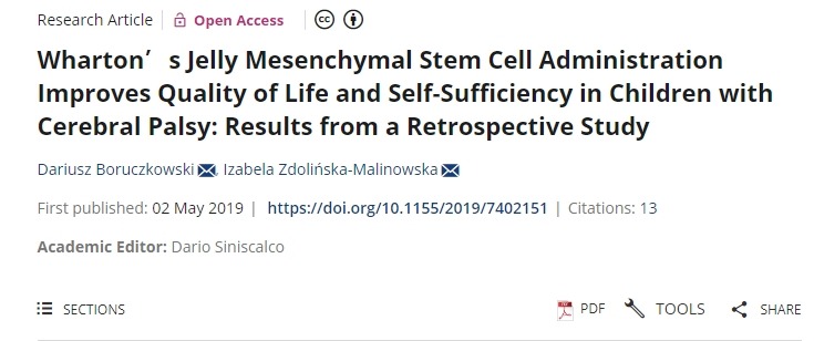 沃頓果凍間充質(zhì)干細(xì)胞治療可改善腦癱兒童的生活質(zhì)量和自給自足能力：一項(xiàng)回顧性研究的結(jié)果
