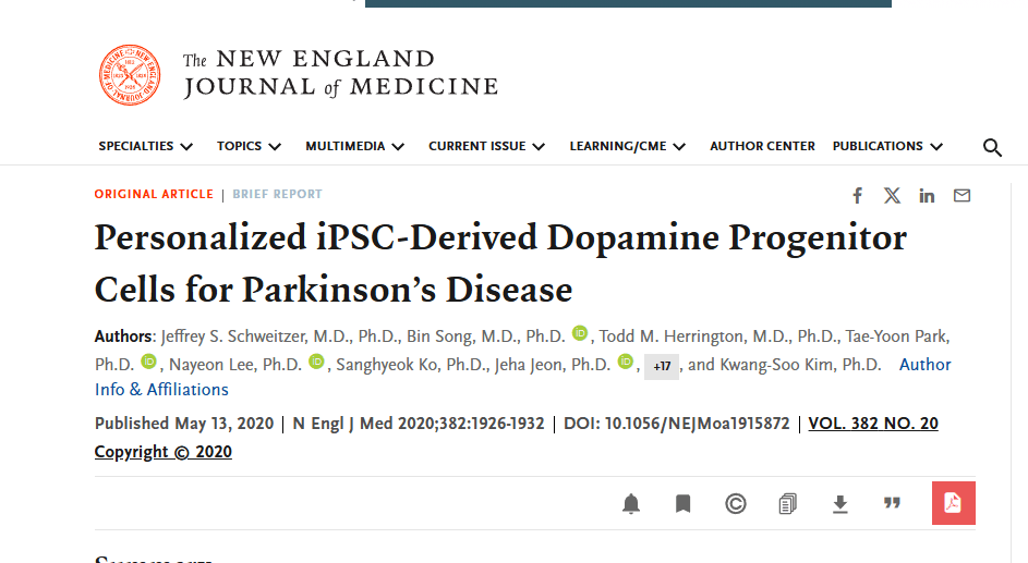 2020年5月13日，麻省總醫(yī)院神經(jīng)外科在國際期刊《New England Journal of Medicine》上發(fā)布了一篇《個性化 iPSC 衍生的多巴胺祖細(xì)胞用于治療帕金森病》的研究結(jié)果。