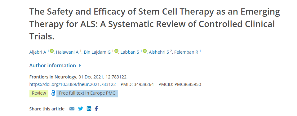 2021年12月1日，阿卜杜勒阿齊茲國(guó)王健康科學(xué)大學(xué)在國(guó)際期刊《Frontiers in Neurology》上發(fā)布了一篇《干細(xì)胞療法作為 ALS 新興療法的安全性和有效性：對(duì)照臨床試驗(yàn)的系統(tǒng)評(píng)價(jià)》的研究結(jié)果。