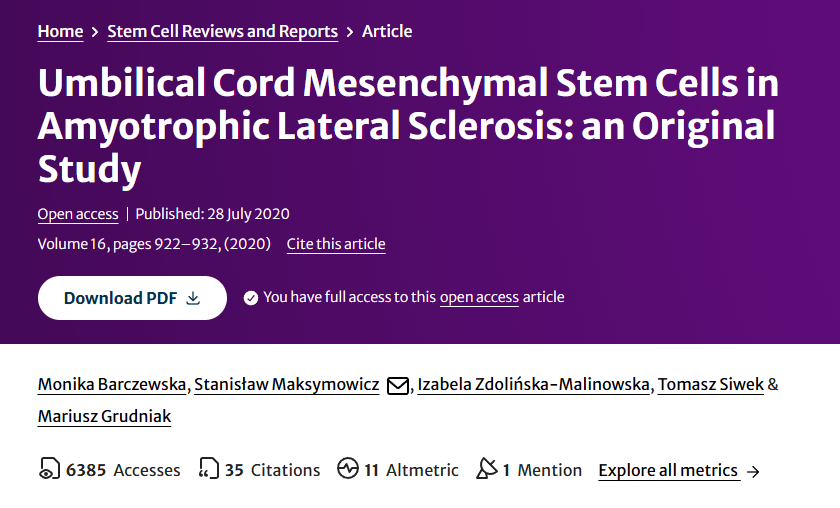 2020年7月28日，波蘭奧爾什丁大學(xué)臨床醫(yī)院在國(guó)際期刊《Stem Cell Reviews and Reports》上發(fā)布了一篇《臍帶間充質(zhì)干細(xì)胞在肌萎縮側(cè)索硬化癥中的應(yīng)用：一項(xiàng)原創(chuàng)研究》的研究結(jié)果。