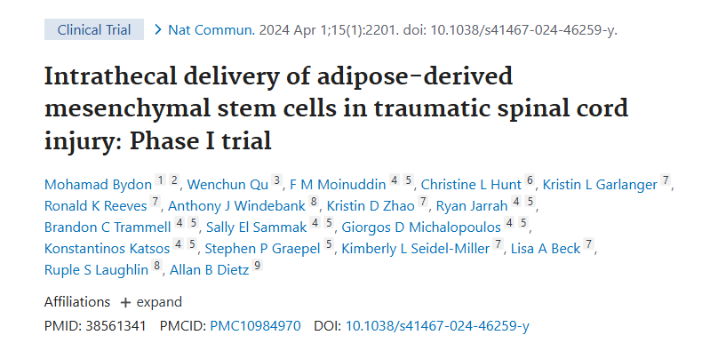 2024年4月1日，梅奧診所神經(jīng)信息學(xué)實驗室在國際期刊《Nature Communications》上發(fā)布了一篇《脂肪來源的間充質(zhì)干細(xì)胞在創(chuàng)傷性脊髓損傷中的鞘內(nèi)輸送：第一階段試驗》的研究結(jié)果。