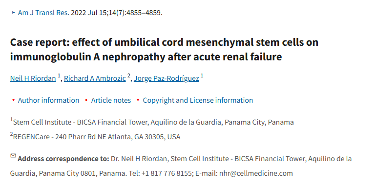 2022年7月15日，干細(xì)胞研究所 - BICSA 在國際期刊在國際期刊《Am J Transl Res.?》上發(fā)布了一篇《病例報(bào)告：臍帶間充質(zhì)干細(xì)胞治療急性腎衰竭后免疫球蛋白A腎病》的研究結(jié)果。