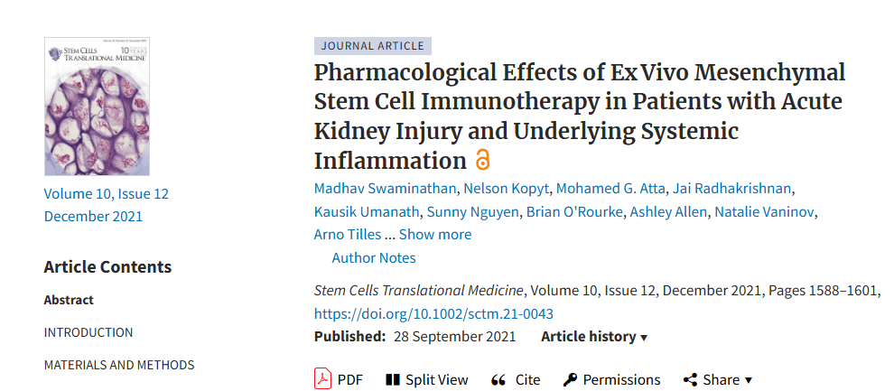 2021年9月28日，杜克大學(xué)醫(yī)學(xué)院在國際期刊《Stem Cell Translational Medicine》上發(fā)布了一篇《體外間充質(zhì)干細(xì)胞免疫治療對(duì)急性腎損傷和潛在全身炎癥患者的藥理作用》的研究結(jié)果。