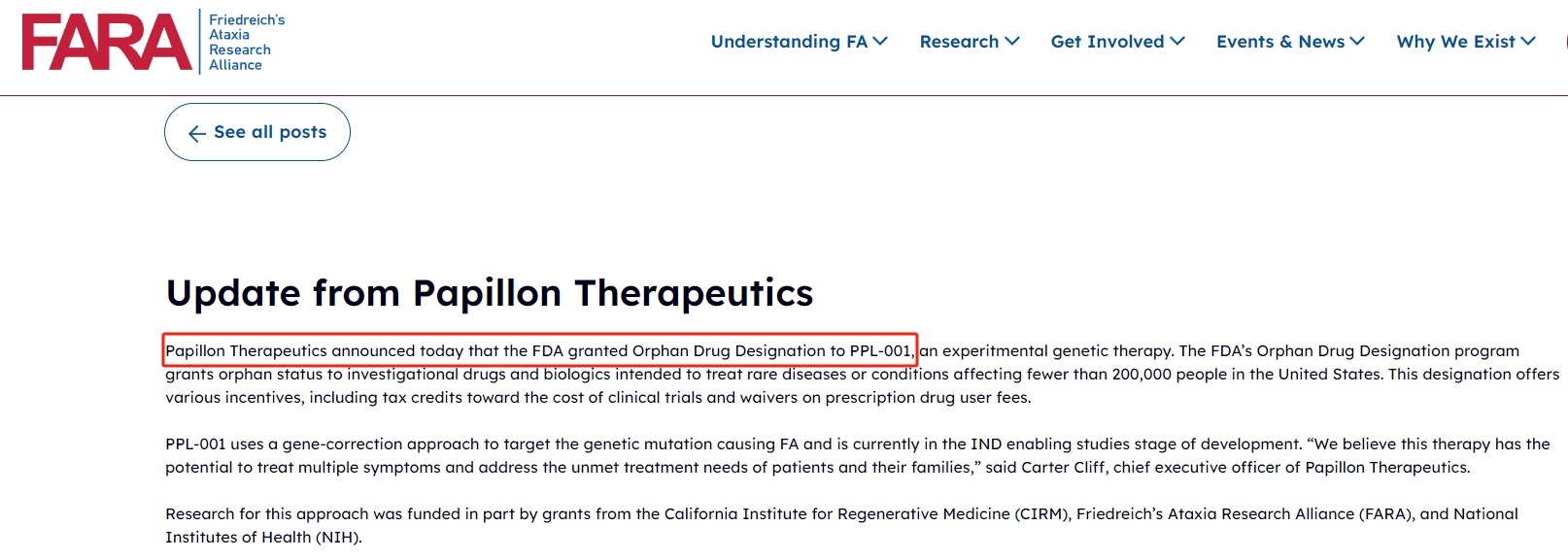 Papillon Therapeutics的PPL-001治療弗里德賴希共濟失調癥獲得美國食品藥品管理局頒發(fā)的孤兒藥資格認定