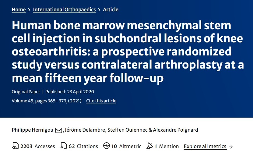 人類骨髓間充質(zhì)干細(xì)胞注射治療膝骨關(guān)節(jié)炎軟骨下?lián)p傷：一項(xiàng)前瞻性隨機(jī)研究，對比平均15年隨訪的對側(cè)關(guān)節(jié)置換術(shù)