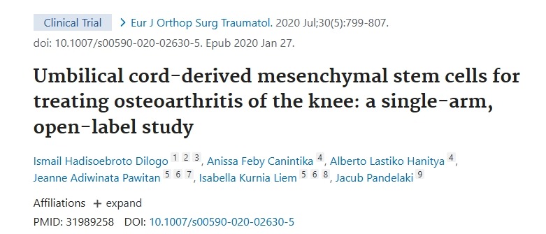 臍帶來源的間充質(zhì)干細(xì)胞治療膝骨關(guān)節(jié)炎：一項(xiàng)單臂、開放標(biāo)簽研究