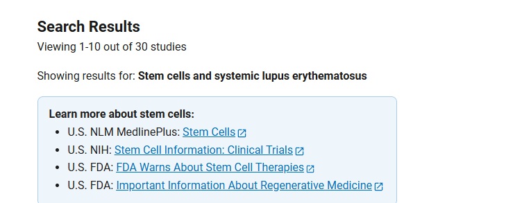 clinicaltrials.gov網(wǎng)站上注冊(cè)的有關(guān)干細(xì)胞治療系統(tǒng)性紅斑狼瘡的臨床研究項(xiàng)目有30項(xiàng) 